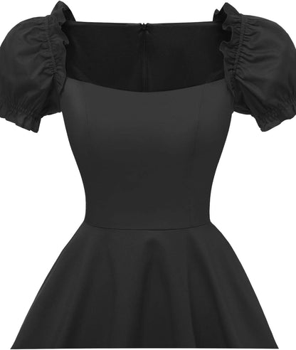 Women'S Puff Short Sleeve 1950S Party Dresses Square Neck Aline Dress with Pockets
