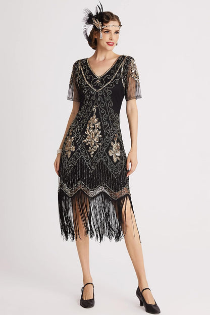 1920S Art Deco Fringed Sequin Dress Roaring 20S Flapper Fancy Dress Gatsby Costume Dress